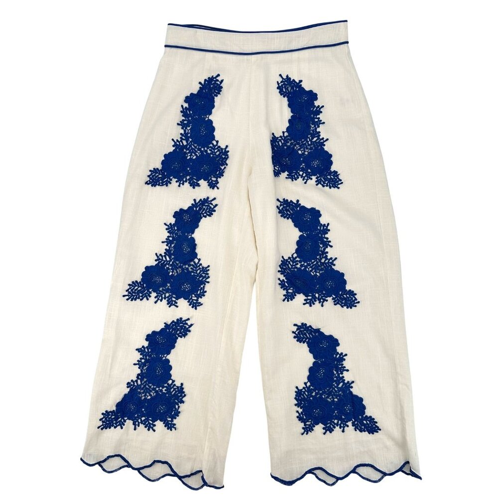 Lalavon Womens Viscose Linen Blend White & Blue Embroidered Wide-Leg Pants S